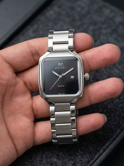 Mathey Men's Classic Square Stainless Steel Quartz Watch – Matte Black Dial