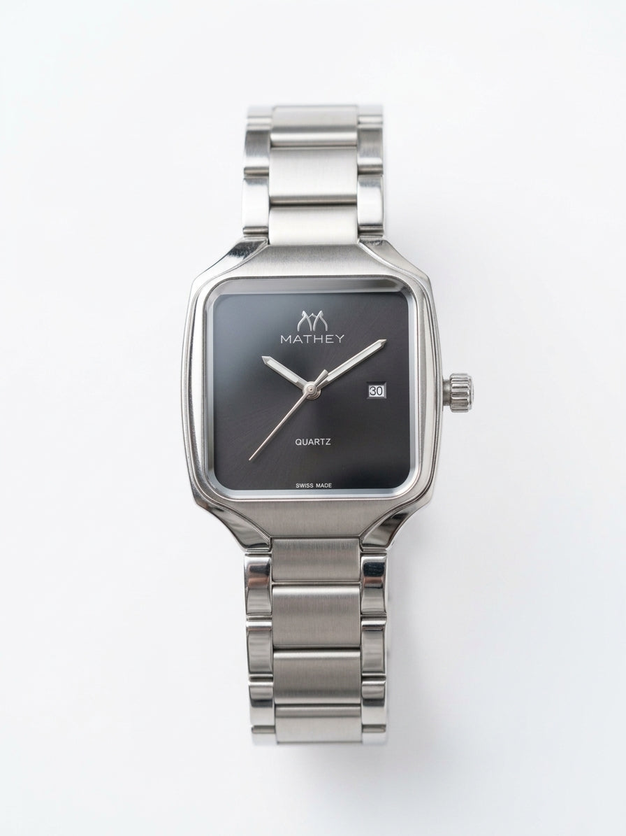 Mathey Men's Classic Square Stainless Steel Quartz Watch – Matte Black Dial