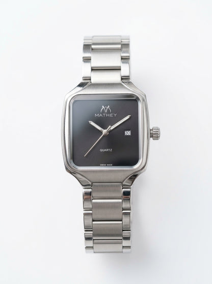 Mathey Men's Classic Square Stainless Steel Quartz Watch – Matte Black Dial