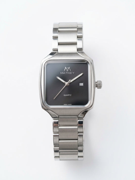 Mathey Men's Classic Square Stainless Steel Quartz Watch – Matte Black Dial
